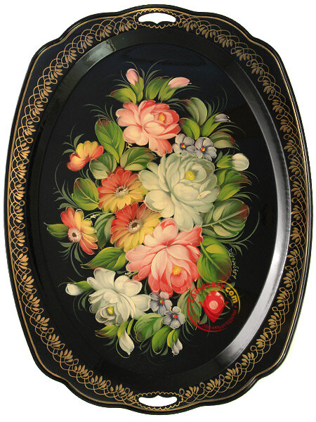 Поднос с художественной росписью "Цветы", овал с фигурным краем, арт. 2120