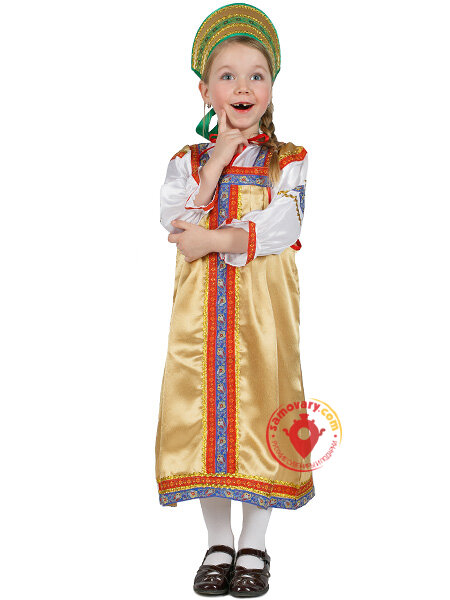 Русский народный костюм "Василиса" детский золотистый атласный сарафан и блузка 7-12 лет