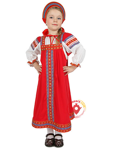 Русский народный костюм "Дуняша" для девочки хлопковый красный сарафан и блузка 7-12 лет