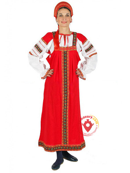 Русский народный костюм "Дуняша" для танцев хлопковый красный сарафан и блузка XL-XXXL