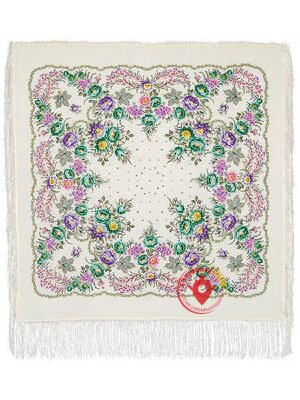 Павлопосадский шерстяной платок с шелковой бахромой «Ягодка», рисунок 1425-4