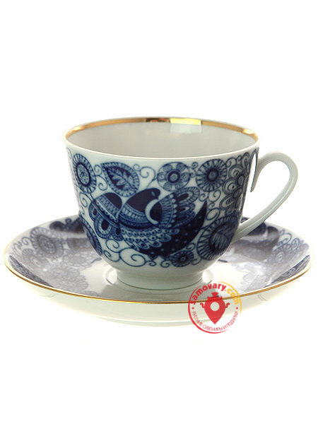 Чашка с блюдцем чайная форма Весенняя рисунок Кобальтовое кружево ИФЗ